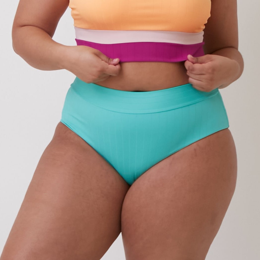 Page High Waisted Swim Bottoms - Ribbed Turquoise - FINAL SALE
