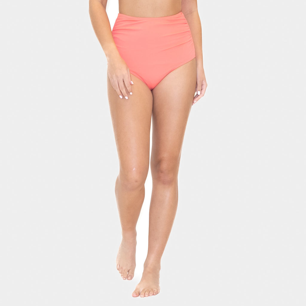 High Waisted Side Shirred Zuma Bikini Bottoms - Coral - XS & S ONLY - FINAL SALE