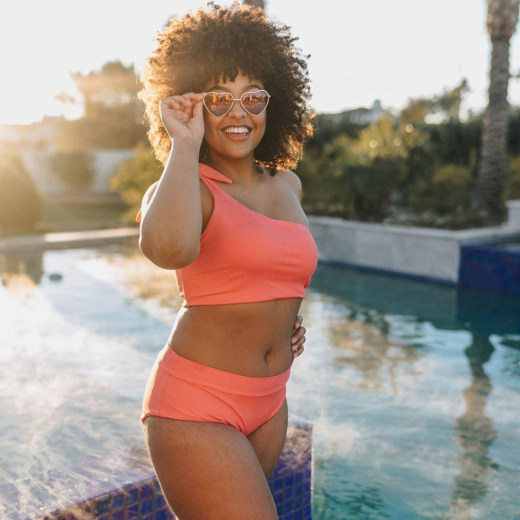 Ribbed Page High Waisted Swim Bottoms - Coral - XXL ONLY - FINAL SALE