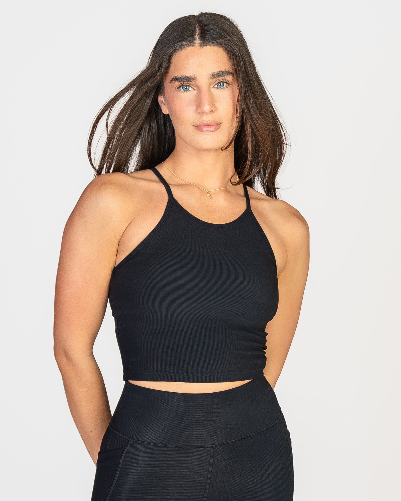 Ribbed Thin Strap Crop Tank - Black